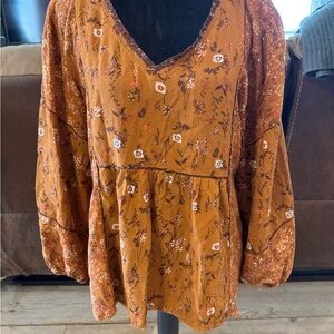 Rust Floral Peasant Blouse
